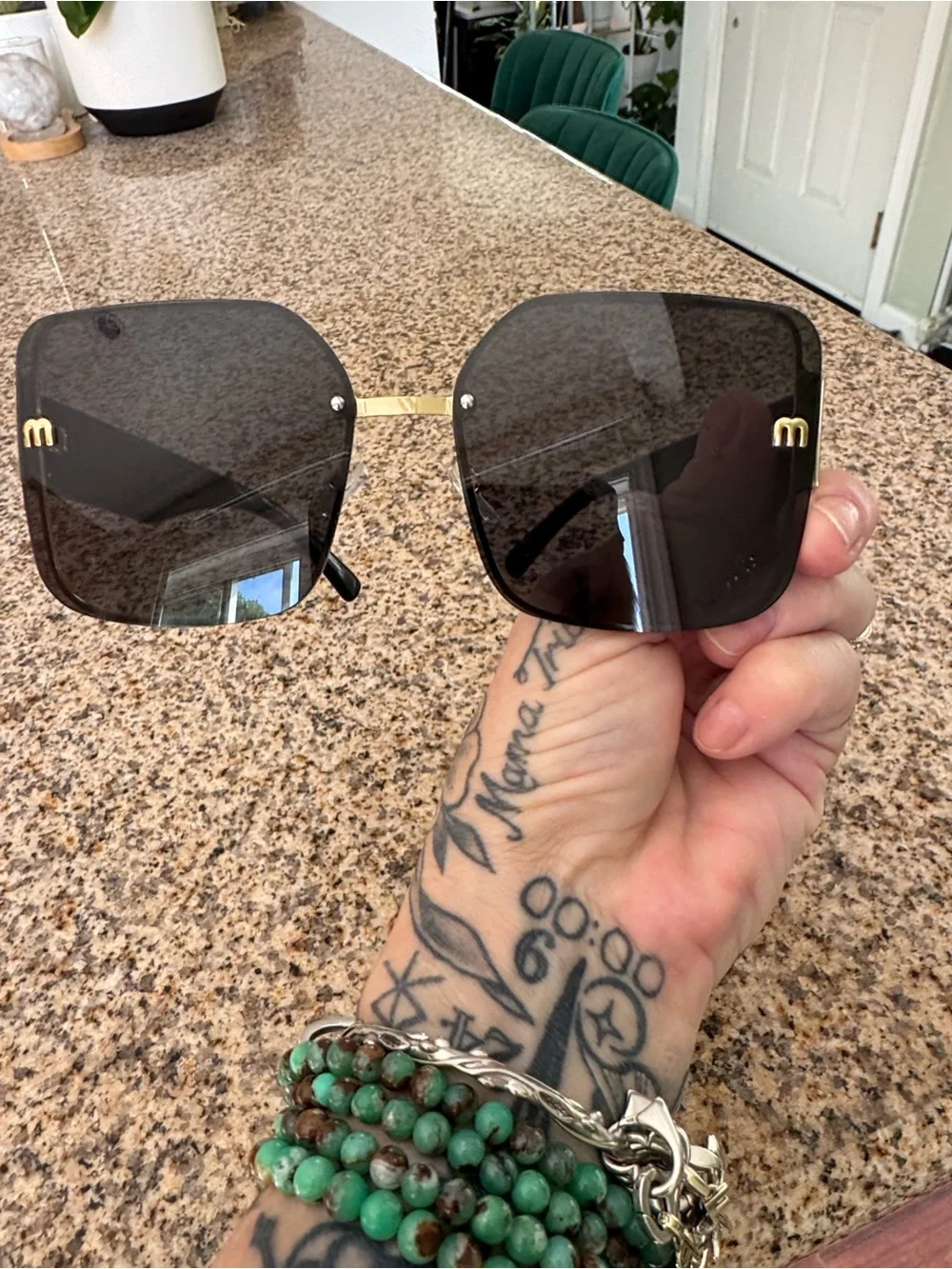 Mui Mui copy Gold-Accent Black Square Sunglasses - Designer Style